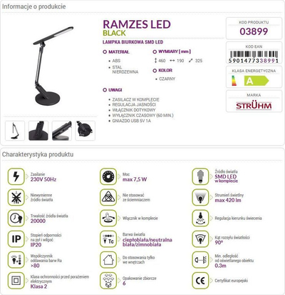 Llambë tavoline STRUHM, LED, me portë USB, e zezë