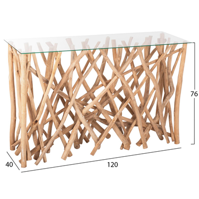 Konzolë rustic druri teak & xham 120×35×75 cm (HM9373)
