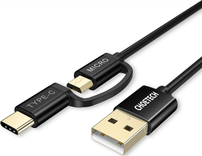 Kabllo USB CHOETECH XAC-0012-102BK, 2 në 1 Type C Micro USB, 1.2m, e zezë