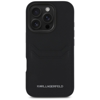 Заштитна маска за телефон Karl Lagerfeld HC Grained PU Cardslot, за iPhone 16 Pro 6.3", со џеб за картички, црна