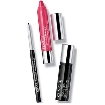 Set kozmetik Clinique Get Away Brights Set, penel për sy + maskarë + buzëkuq
