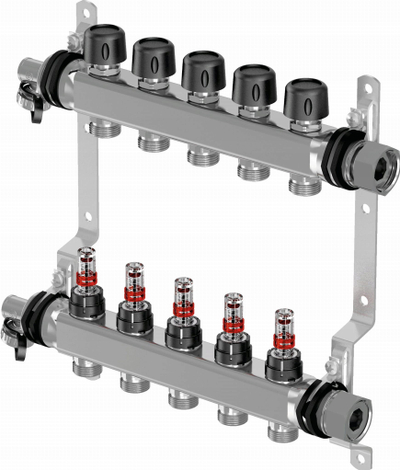 Manifold ngrohje nën dysheme Uponor Vario S me matës rrjedhje FM, 6 qarqe, çelik inox