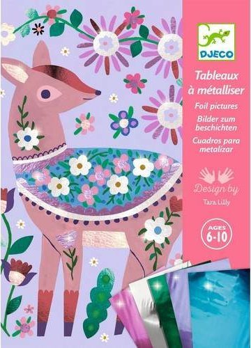 Set kreativ me fletë metalike Djeco Pretty Wood, 4 tablo, për fëmijë 6 10 vjeç, shumëngjyrësh