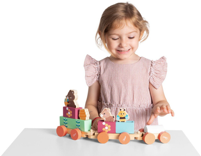 Lodër tren prej druri Chicco My Wood Friends Teddy's Train, me blloqe shumëngjyrëshe, shumëpjesëshe