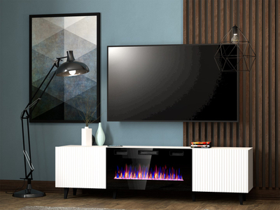 Komodë TV Bed Meble Pafos EF me oxhak elektrik, 180x42x49 cm, chipboard MDF, e bardhë mat