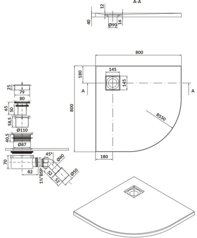 Vaskë dushi Cersanit Tako Slim S932-155, gjysmë-rrethore 80x80 cm, akrilike 4 cm, e bardhë matt