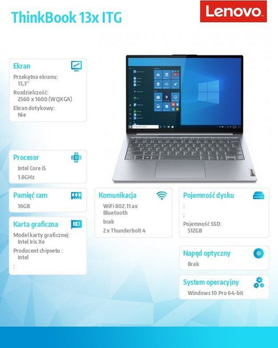 Laptop Lenovo ThinkBook 13x ITG, 13.3", WQXGA, Intel Core i5-1130G7, 16GB RAM, 512GB SSD, Windows 10 Pro, i zi/i argjendtë