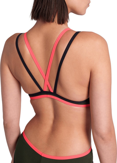 Rrobë banje njëpjesëshe Arena One Double Cross Back, MaxLife Eco, për stërvitje, jeshile e errët me të zezë dhe të kuqe fluo