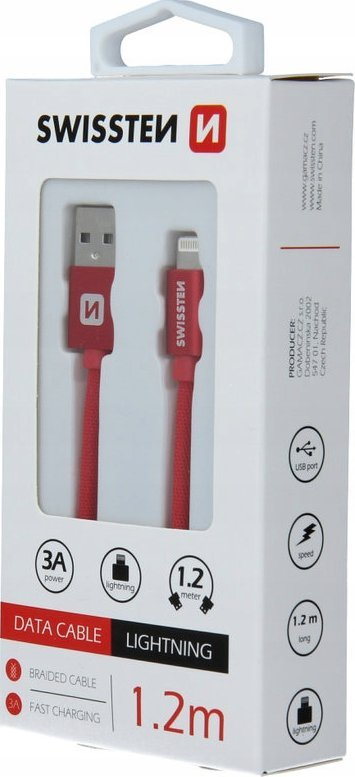 Kabllo USB Lightning Swissten Textile 71523206, 1.2m, 3A, e kuqe