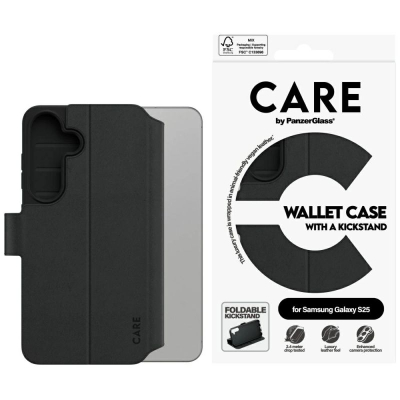Futrollë telefoni CARE by PanzerGlass Wallet Case, me kickstand, për Samsung Galaxy S25, e zezë