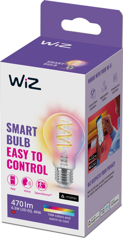 Llampë smart WiZ Filament A60, 40W, E27, RGB, e tejdukshme