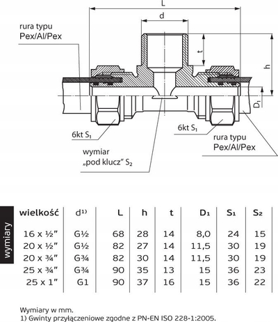 T bashkues kompresioni Perfexim 16x1/2x16, PN10, për tuba PEX Al PEX, metalik