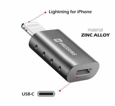 Adapter Swissten Lightning në USB-C, i hirtë