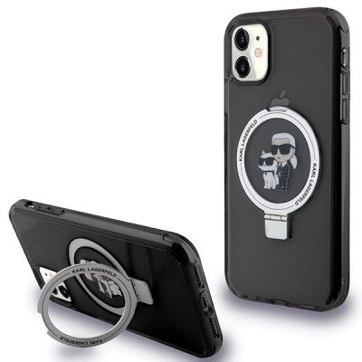 Kuti telefoni Karl Lagerfeld Ring Stand Karl &amp; Choupette MagSafe për iPhone 11 XR, me unazë stand, magnetike MagSafe, e zezë