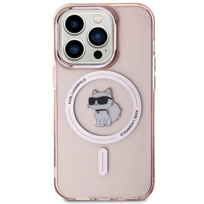 Mbajtëse telefoni Karl Lagerfeld IML Choupette MagSafe për iPhone 15 Pro Max, rozë transparente