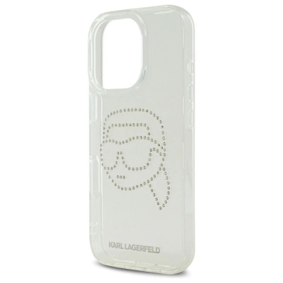 Futrollë telefoni Karl Lagerfeld IML Rhinestones Karl Head për iPhone 16 Pro 6.3", e tejdukshme