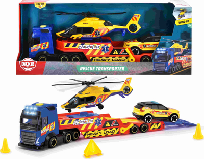 Set lodrash Dickie Toys Volvo Truck Rescue, 3 makina, me helikopter Airbus, shumëngjyrësh