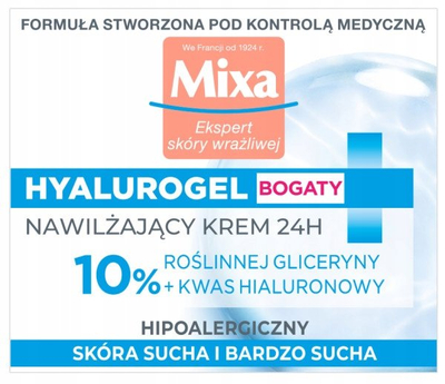 Krem fytyre Mixa Hyalurogel Rich, hidratues 24H, 50ml, i bardhë