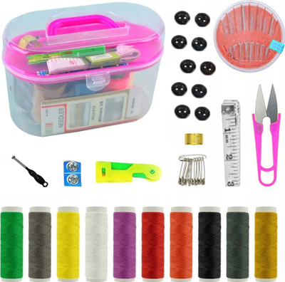 Set për qepje DA73A, 50 copë aksesorë, kuti plastike rozë