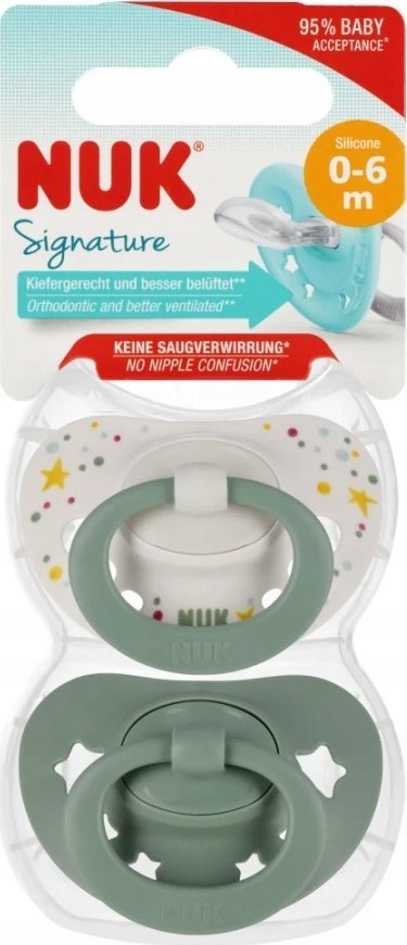 Qetsus për bebe NUK Signature, silikon pa BPA, 0-6 mujsh, set 2 copë, jeshile
