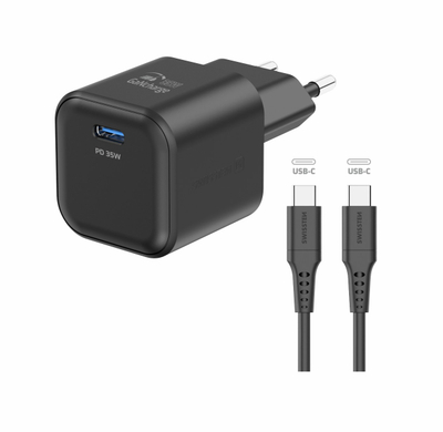 Karikues SWISSTEN, GaN 1x USB-C, 35W PD, Kabllo USB-C/USB-C 1,2 M