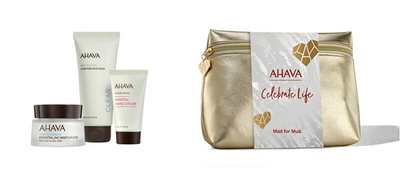 Set për trup Ahava Mad for Mud, Maskë për fytyrë + Krem dite për fytyrë 50 ml + Krem për duar 40 ml + Çantë kozmetike