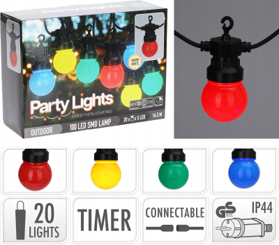 Декоративни светла Party Lights, 20 ЛЕД, 14,5 m, во повеќе бои