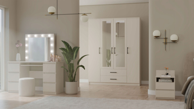 Garderobë Romana 160 cm, pasqyrë, 2 sirtarë, cashmere beige