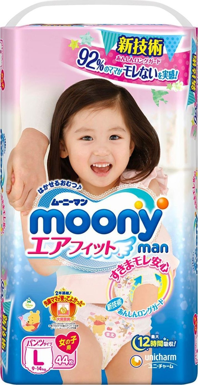Пелени-панталони Moony за девојчиња L, 9-14 kg, 44 парчиња