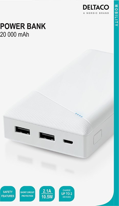 Karikues portativ Deltaco PB-A1002, 20000mAh, 2x USB A, i bardhë