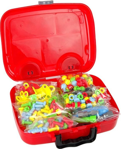 Set konstruktiv 3D Creative Puzzle, 253 pjesë, me stërvitje elektrike, valixhe e kuqe