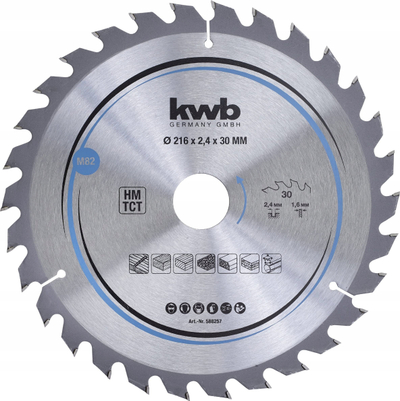 Disk sharrë rrethore KWB 588257, Ø216mm, vrimë qendre 30mm, metalik