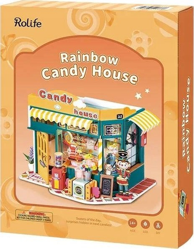 Set DIY shpi lodrash Robotime Rolife Rainbow Candy House, miniaturë, me LED, shumëngjyrëshe