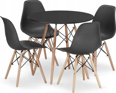 Set për ngrënie me tavolinë rrumbullake 80 cm dhe 4 karrige, i zi