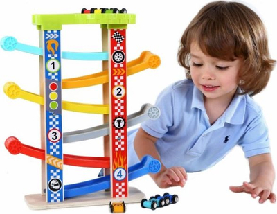 Lodër garash Tooky Toy Car Slide Tower, kullë pistash me 5 nivele, 6 makina të vogla, shumëngjyrëshe
