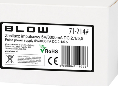 Adaptër rryme Blow, 5V 3A 15W, prizë DC 2.1x5.5 mm, i zi