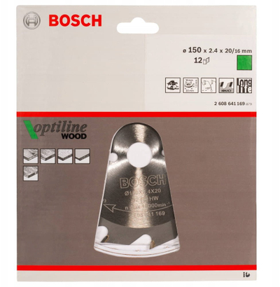Teh rrethor Bosch Optiline Wood, 150mm, 12 dhëmbë, bosh 20mm