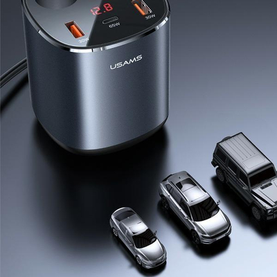 Karikues makine USAMS US-CC151 C28, 2x USB 30W, USB-C 65W, gri e errët