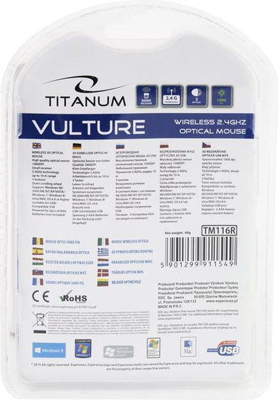 Maus Esperanza Titanum, wireless, USB, i zi dhe i kaltërt