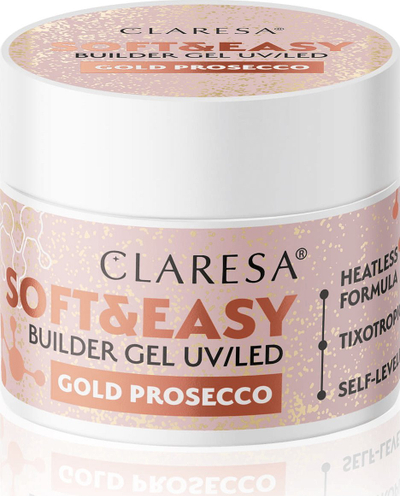 Xhel ndërtues për thonj Claresa Soft&amp;Easy Gold Prosecco, UV/LED, 90g, rozë me grimca ari
