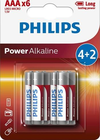 Алкални батерии Philips LR03P6BP AAA, сет 6 парчиња, 1.5V