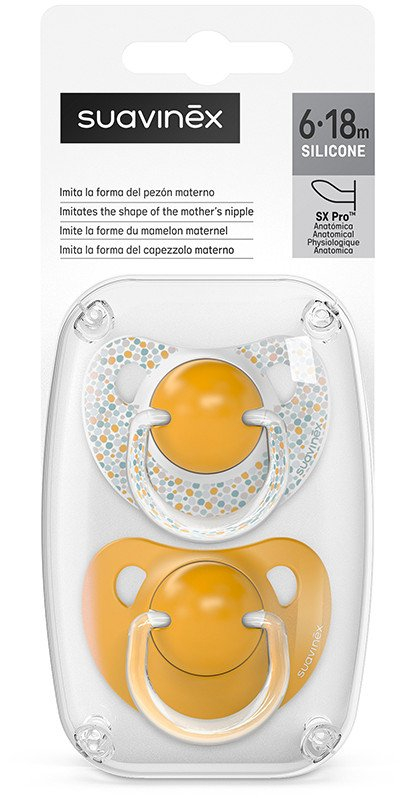 Qetësues Suavinex Dreams Anatomical 6-18M, silikon, set 2 copë, i verdhë