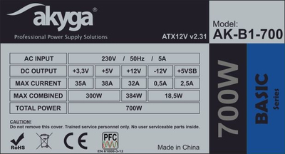 Burim energjie Akyga AK-B1-700, 20+4 pin ATX, 700 W