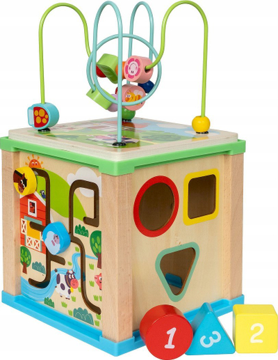 Lodër kube aktiviteti druri Smily Play 5 në 1, edukative, shumëngjyrëshe