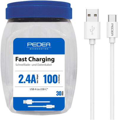 Kabllo karikimi PEDEA USB A në USB C, 1m, pako 30 copë, e bardhë