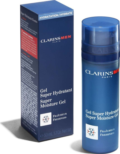 Xhel hidratues fytyre Clarins ClarinsMen Super Moisture Gel, për lëkurë të përziere dhe me yndyrë, i tejdukshëm