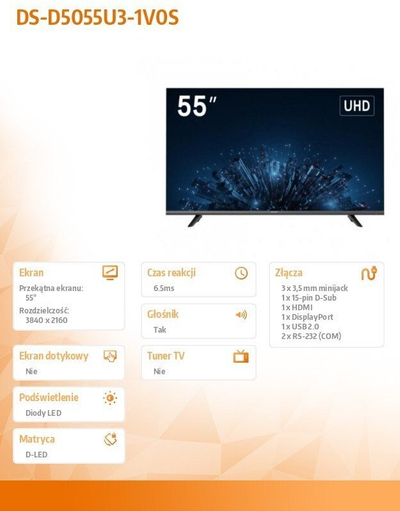 Monitor Hikvision DS-D5055U3-1V0S, 55\", 4K UHD, VA