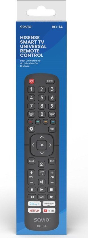Telekomandë universale Savio RC-14 për TV Hisense, infra të kuqe, me butona, ngjyrë e zezë