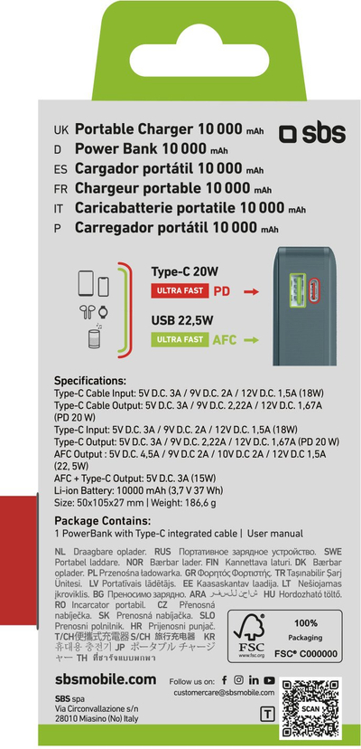 Power bank SBS TTBB10000LCDTCPD20A, 10000mAh, 20W, blu