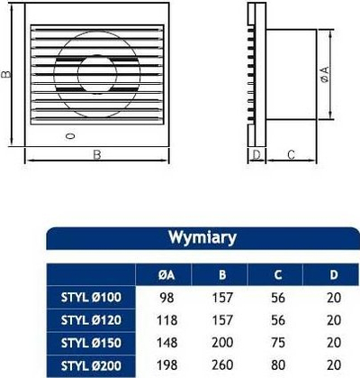 Ventilator aksial Dospel Styl 150 S, Ø150 mm, 280 m³/h, i bardhë